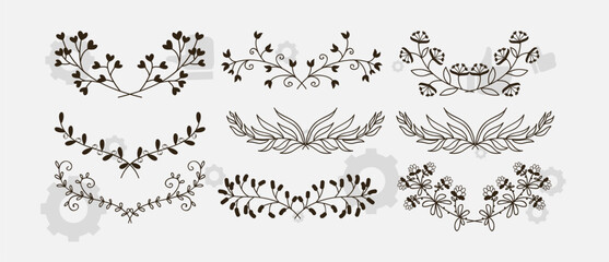 Collection of geometric vector floral frames. Round, oval, triangle, square Borders decorated with hand drawn delicate flowers, branches, leaves, blossom.