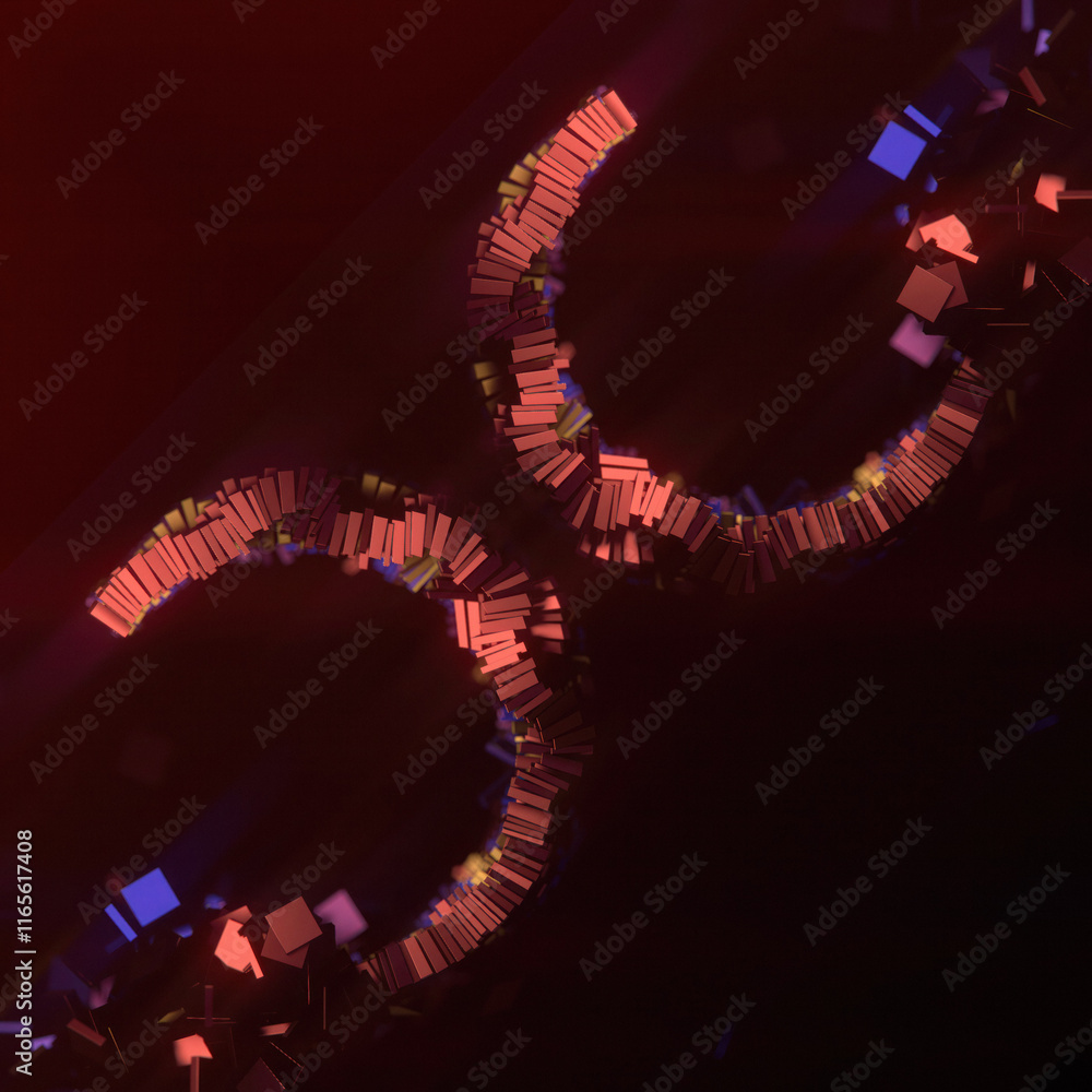 Poster Digital illustration of interplay of shiny multicolored metallic rectangular elements assembled in the shape of half rings. Futuristic symmetrical composition. 3d rendering