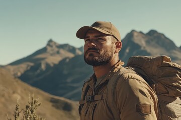 Fototapeta premium Adventurous Hiker in Mountain Landscape with Backpacks and Sunlight