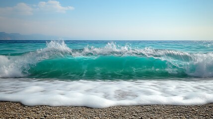 Turquoise Ocean Wave Crashing on Pebble Beach