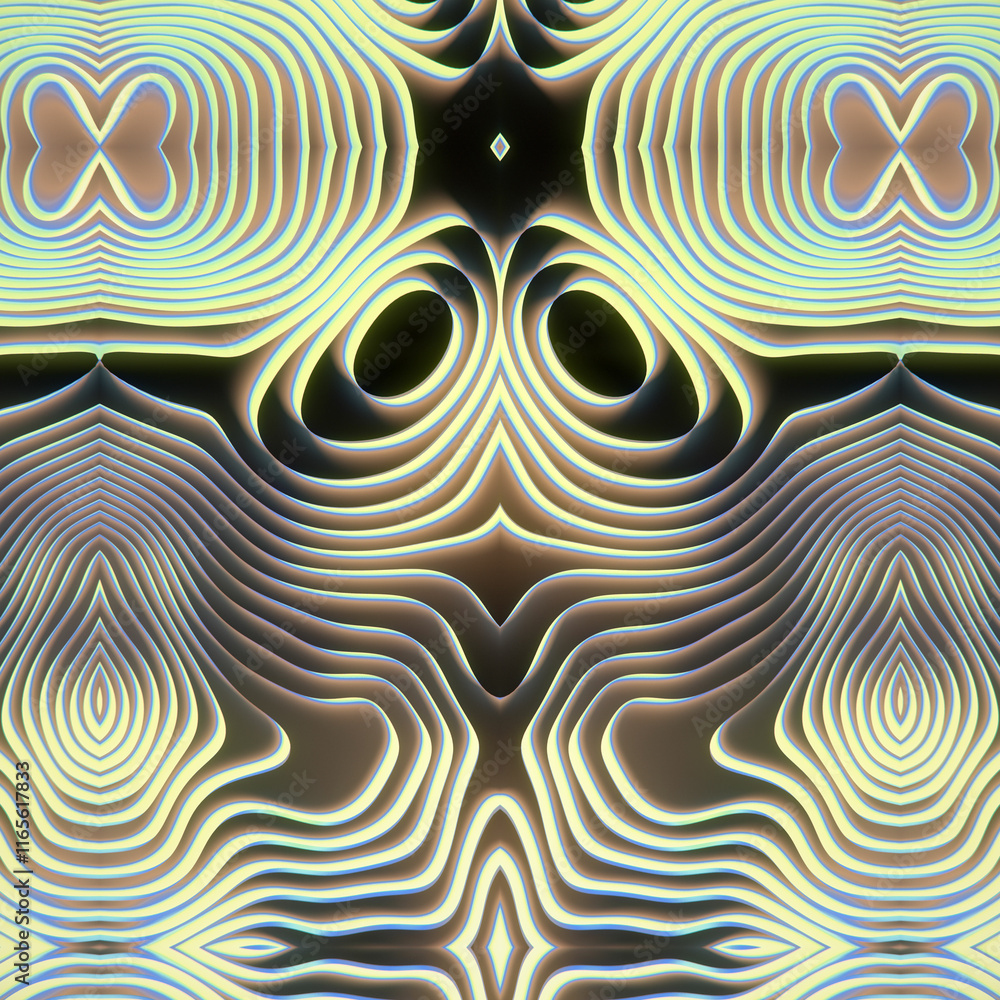 Poster Symmetrical 3d rendering illustration of a colorful wavy pattern
