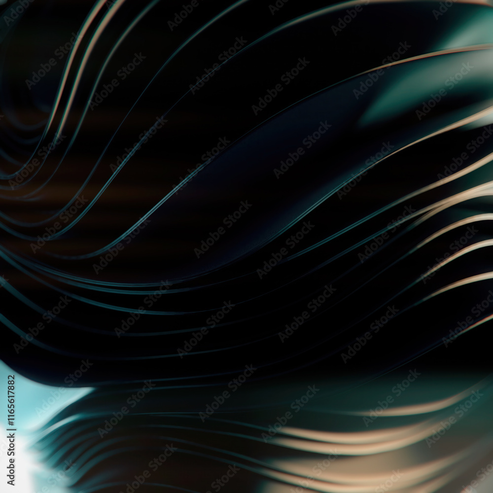 Poster Smooth wave digital illustration of stripes of metallic shiny dark fabric blowing in the wind with depth of field effect. Contemporary style. 3d rendering