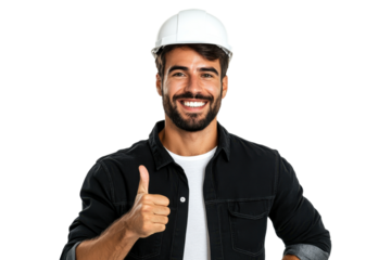 Worker in black shirt and hard hat giving thumbs up isolated on transparent background