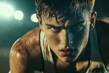 Intense Young Male Athlete Sweat Focused Sports Action Portrait