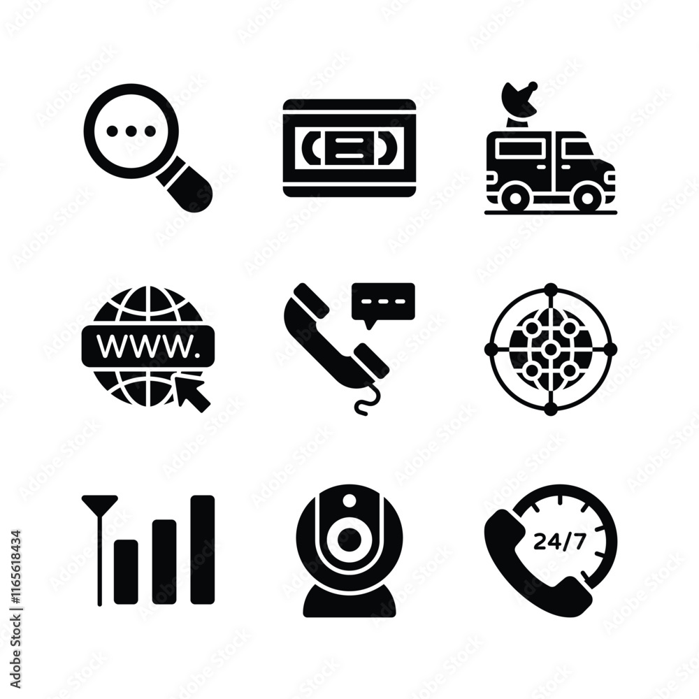 Wall mural a set of icons representing various aspects of communication and information technology