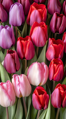 Fototapeta premium Colorful tulips blending pink, purple, red hues in elegant romantic bouquet symbolizing passionate love