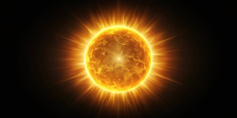A radiant celestial body, a fiery sphere emitting intense golden light rays against a dark backdrop
