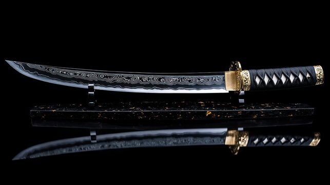 Ornate curved sword on black stand.