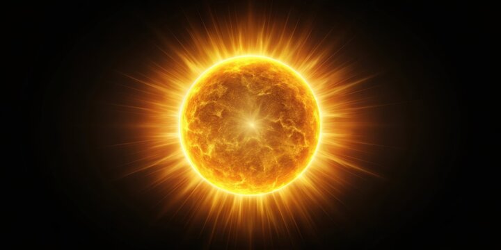 A radiant celestial body, a fiery sphere emitting intense golden light rays against a dark backdrop