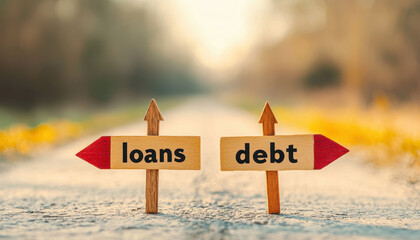 Abstract design showing intersecting arrows labeled loans and debt symbolizing financial interplay, perfect light with copy space