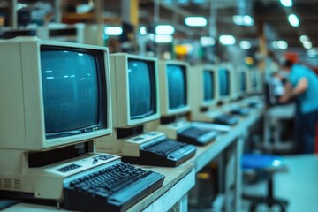 Fototapeta premium Row of vintage computer monitors in a manufacturing facility