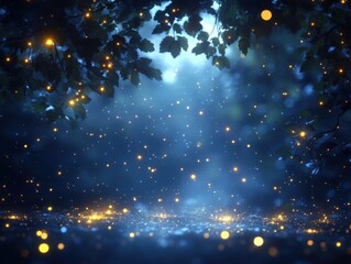Fototapeta premium Magical night scene with fireflies and glowing particles.