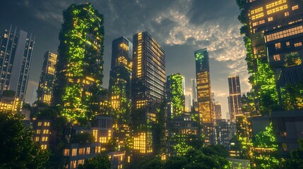 Futuristic Green Energy City with Vertical Forests and Solar