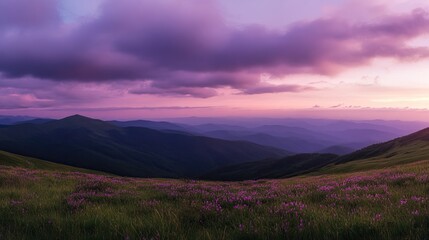 Obraz premium Breathtaking sunrise over Carpathian Mountains with vibrant purple and pink sky hues, endless blooming rhododendron sea on grassy hills, serene natural beauty, sunlight bathed landscape,
