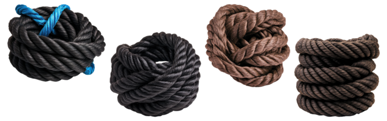 Set of coiled ropes in various colors isolated on transparent background