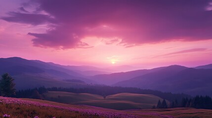Naklejka premium Breathtaking sunrise over Carpathian Mountains with vibrant purple and pink sky hues, endless blooming rhododendron sea on grassy hills, serene natural beauty, sunlight bathed landscape,