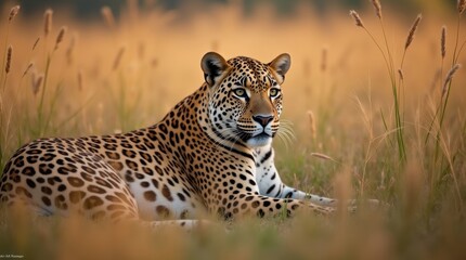 Naklejka premium A majestic leopard rests in a field of tall grass, bathed in the warm glow of the setting sun. Its spotted coat blends seamlessly with the golden hues of its surroundings.