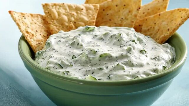 Traditional Greek Tzatziki dip sauce made with cucumber sour cream. Yogurt sauce with dill, lemon juice, olive oil. Served with toasted Za'atar Pita bread. Top view. Tarator, cacik or tartar.