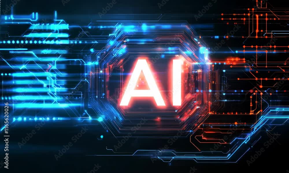 Poster logo with the word ai in white, surrounded by circuit patterns and glowing lines on a dark backgroun