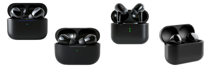 PNG set of black wireless earbuds in charging cases isolated on transparent background