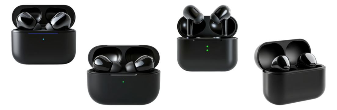 PNG set of black wireless earbuds in charging cases isolated on transparent background