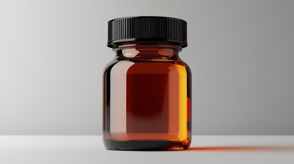 Amber glass bottle with black cap on white background.