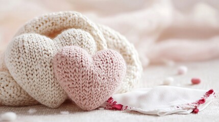 Soft knitted hearts with delicate pink accents on elegant white scarf, set against pristine cream background, exuding warmth and tenderness, perfect for Valentine's Day, minimalist design
