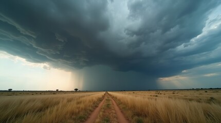A dramatic, dark storm cloud looms over a vast, golden field. A dirt road cuts through the tall grass, leading toward the ominous sky.
