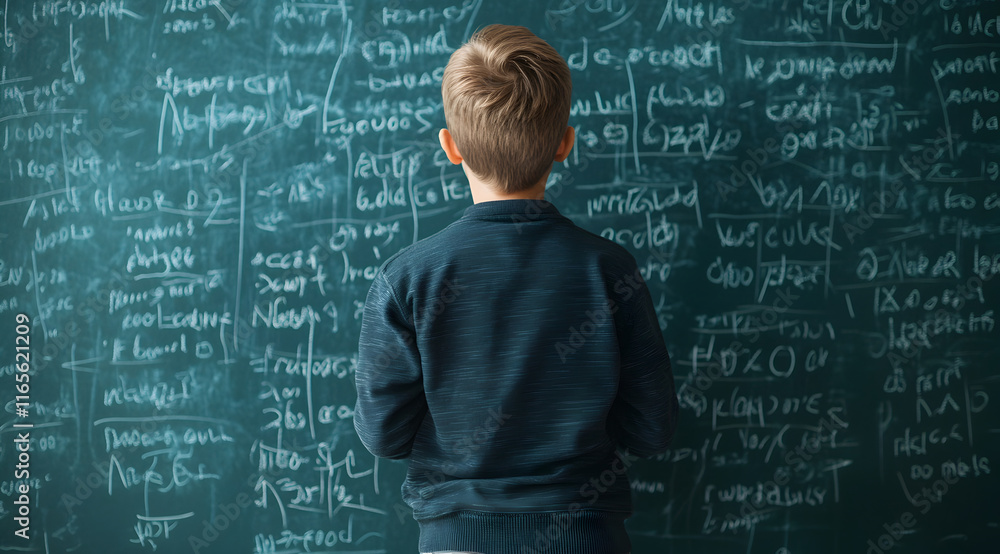 Poster a child stands in front of a chalkboard filled with mathematical equations and symbols, deep in thou