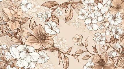 Fototapeta premium Elegant Brown And White Floral Design Featuring Blossoms And Leaves