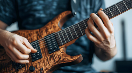 Obraz premium A close-up of a person playing an intricately designed electric guitar, showcasing their hands in motion and the guitar's unique wood grain.