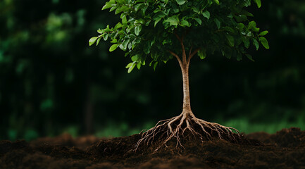 A vibrant tree with lush green leaves stands prominently, showcasing its strong roots in rich, dark soil.