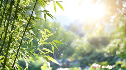 Obraz premium Sunlit bamboo leaves and blurry background.