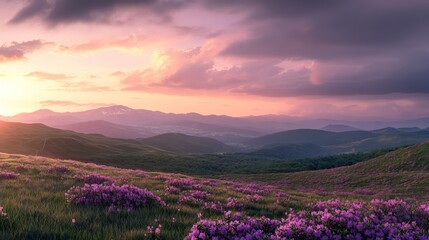 Fototapeta premium Breathtaking sunrise over Carpathian Mountains with vibrant purple and pink sky hues, endless blooming rhododendron sea on grassy hills, serene natural beauty, sunlight bathed landscape,