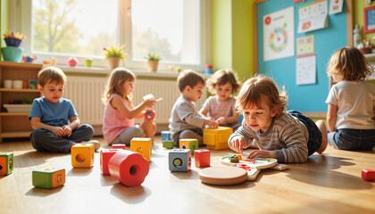 Joyful kindergarten children playing with colorful toys in classroom, creativity