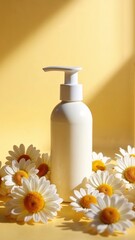 A white dispenser on a yellow background with daisies