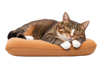 PNG tabby cat sleeping on a cushion