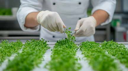 A chef in a white coat carefully trims microgreens with gloves in a clean kitchen environment.