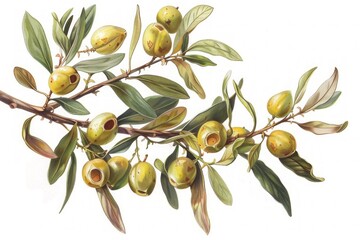 Botanical Illustration of Jojoba Branch with Ripe Green Fruits and Leaves for Natural and Organic Design