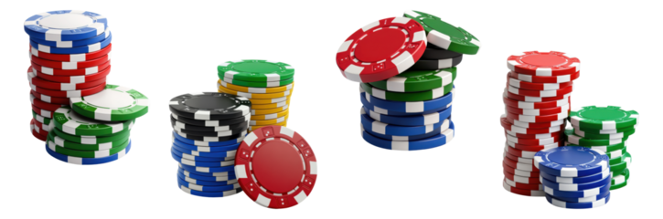 Stacks of colorful poker chips isolated on a transparent background