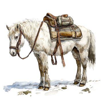 Watercolor Painting of a Pack Horse Standing in the Snow, Wearing a Saddle and Carrying Bags.