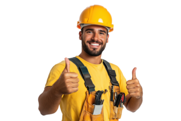 PNG smiling construction worker with tools and thumbs up
