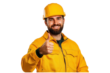 PNG happy construction worker in yellow uniform giving thumbs up