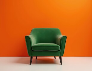A vibrant green velvet armchair stands out against a bold orange wall.  The simple elegance of the chair creates a striking contrast, perfect for modern interior design.