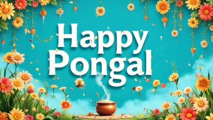 Happy Pongal holiday greeting with white text on a turquoise background decorated with bright flowers and grass. A copper pot with rice is depicted at the bottom. Animated 
