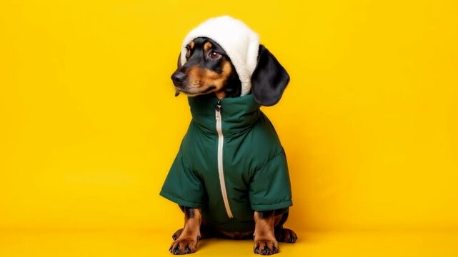 A black dachshund wearing a white cap and green jacket poses against a yellow background and twirls his head. Ai Video