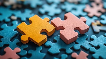 Fototapeta premium Two puzzle pieces connecting amidst many others.
