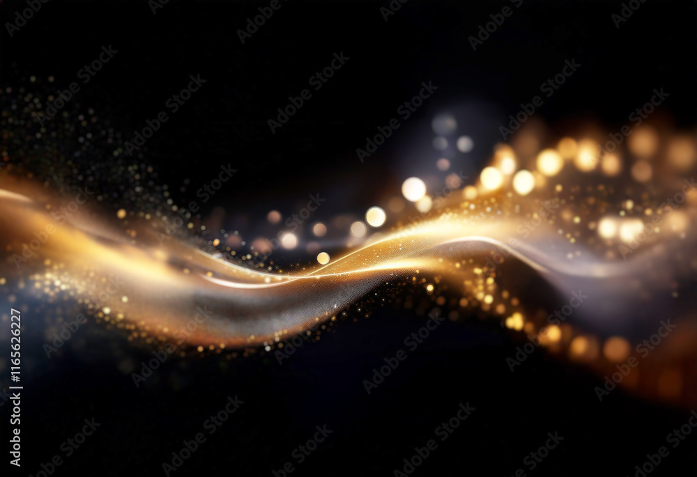 Aufkleber Golden and silver particles swirl in a flowing, wave-like motion across a dark background, creating a luxurious and elegant abstract design with bokeh lights.