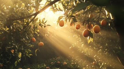 Golden Hour in the Orange Grove: Sunbeams Dappling Ripe Citrus Fruits