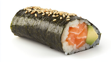 Temaki cartoon Japanese hand roll sushi c. Isolated vector appetizing japan dish, Asian food, wrapped in dark seaweed and includes slices of fresh avocado, salmon and rice, topped with sesame seeds